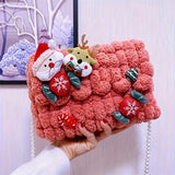 Christmas Plush Cartoon Handbag Crossbody Bag, 3D Appliqués Pearl Chain, Sweet Practical Holiday Essential./khaki