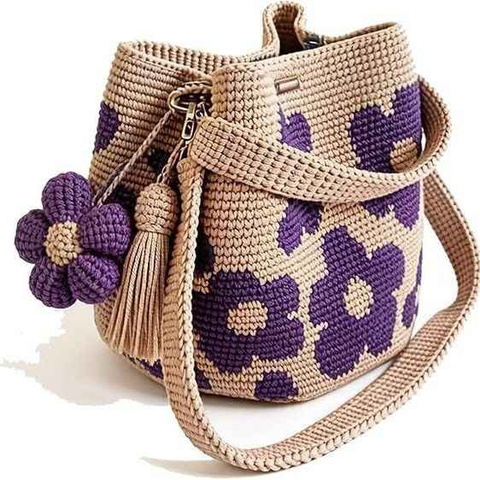 Hand crocheted flower tote bag, beige and brown color scheme with three-dimensional yellow flowers and tassels, can be worn as shoulder bag, crossbody bag, or carried by hand, the perfect choice for everyday outings with a stylish vibe./purple