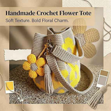 Hand crocheted flower tote bag, beige and brown color scheme with three-dimensional yellow flowers and tassels, can be worn as shoulder bag, crossbody bag, or carried by hand, the perfect choice for everyday outings with a stylish vibe./purple