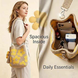 Hand crocheted flower tote bag, beige and brown color scheme with three-dimensional yellow flowers and tassels, can be worn as shoulder bag, crossbody bag, or carried by hand, the perfect choice for everyday outings with a stylish vibe./purple