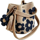 Hand crocheted flower tote bag, beige and brown color scheme with three-dimensional yellow flowers and tassels, can be worn as shoulder bag, crossbody bag, or carried by hand, the perfect choice for everyday outings with a stylish vibe./purple