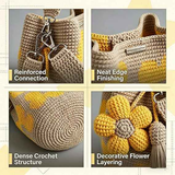 Hand crocheted flower tote bag, can be worn as shoulder bag, crossbody bag, or carried by hand, the perfect choice for everyday outings with a stylish vibe./YELLOW