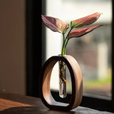 South American Walnut Wangshu Flower Vase: Natural Solid Wood Hand Polished, Ring Design with Glass Tube, Suitable for Fresh Cut and Hydroponic Plants, Space Aesthetic Accent/L SIZE
