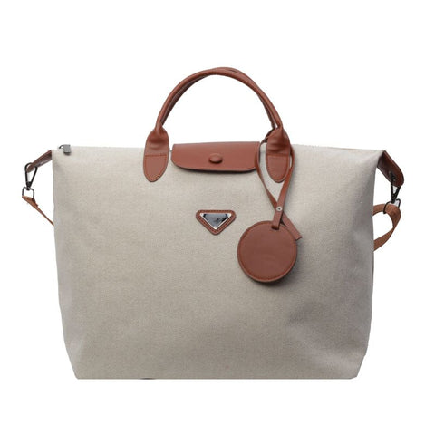 【Canvas Large-Capacity Tote Bag】 Faux Leather Trim Triangular Nameplate, Hidden Magnetic Snap Smooth Zipper, Multi-Way Wear Versatile for Commuting & Travel, Lightweight Storage./brown In Australia - Darrahopens