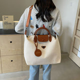 【Canvas Large-Capacity Tote Bag】 Faux Leather Trim Triangular Nameplate, Hidden Magnetic Snap Smooth Zipper, Multi-Way Wear Versatile for Commuting & Travel, Lightweight Storage./brown In Australia - Darrahopens