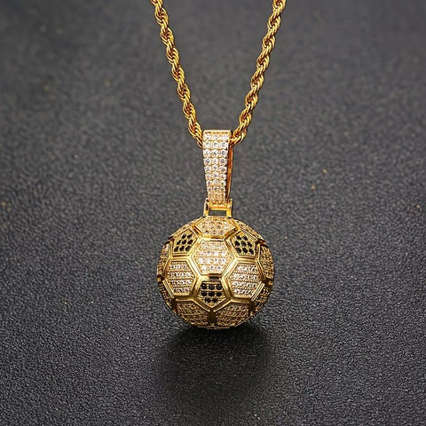Football Hollow Pendant Necklace, Synthetic Zirconia Setting, Hip Hop Sporty Style, Trendy and Versatile.(golden)