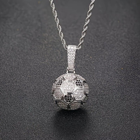 Football Hollow Pendant Necklace, Synthetic Zirconia Setting, Hip Hop Sporty Style, Trendy and Versatile.(silver)