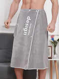 Men's Coral Fleece Wearable Bath Skirt, Embroidered Design Soft & Quick-Dry, Snap Button & Drawstring Anti-Slip, Essential for Home Bathing & Relaxation
