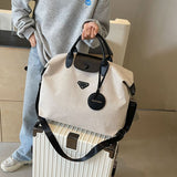 【Canvas Large-Capacity Tote Bag】 Faux Leather Trim Triangular Nameplate, Hidden Magnetic Snap Smooth Zipper, Multi-Way Wear Versatile for Commuting & Travel, Lightweight Storage./black