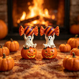 Halloween Resin Ghost Pumpkin Figurine: Little Ghost Sitting on Pumpkin with Candy on Head, Vintage Distressed Finish, Cute and Full of Character, Perfect for Desktops and Party Vibes.Ghost candy pumpkin-old style