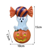 Halloween Resin Ghost Pumpkin Figurine: Little Ghost Sitting on Pumpkin with Candy on Head, Glossy Finish, Perfect Desktop and Party Decoration.