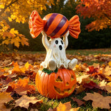 Halloween Resin Ghost Pumpkin Figurine: Little Ghost Sitting on Pumpkin with Candy on Head, Glossy Finish, Perfect Desktop and Party Decoration.