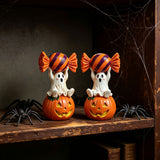 Halloween Resin Ghost Pumpkin Figurine: Little Ghost Sitting on Pumpkin with Candy on Head, Glossy Finish, Perfect Desktop and Party Decoration.