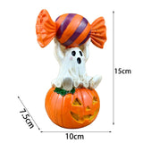 Halloween Resin Ghost Pumpkin Figurine: Little Ghost Sitting on Pumpkin with Candy on Head, Glossy Finish, Perfect Desktop and Party Decoration.