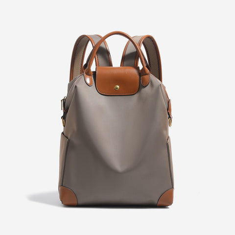 Retro Nylon Backpack: PU Leather Color-Block / Packable & Lightweight / 14-inch Laptop Compartment / Under 20L Capacity, 3-Way Carrying, Versatile for Commuting & Short Trips!(khaki)