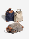 Retro Nylon Backpack: PU Leather Color-Block / Packable & Lightweight / 14-inch Laptop Compartment / Under 20L Capacity, 3-Way Carrying, Versatile for Commuting & Short Trips!(khaki)