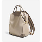 Retro Nylon Backpack: PU Leather Color-Block / Packable & Lightweight / 14-inch Laptop Compartment / Under 20L Capacity, 3-Way Carrying, Versatile for Commuting & Short Trips!(khaki)