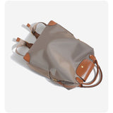 Retro Nylon Backpack: PU Leather Color-Block / Packable & Lightweight / 14-inch Laptop Compartment / Under 20L Capacity, 3-Way Carrying, Versatile for Commuting & Short Trips!(khaki)