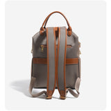 Retro Nylon Backpack: PU Leather Color-Block / Packable & Lightweight / 14-inch Laptop Compartment / Under 20L Capacity, 3-Way Carrying, Versatile for Commuting & Short Trips!(khaki)