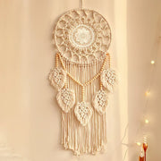 Bohemian Handwoven Wooden Bead Leaf Round Tapestry: Cotton Lace Hollow Tassel, Natural Healing Wall Decoration/sandy beige