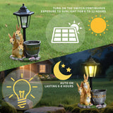 Solar Simulation Rabbit Ornament, charges by day and lights up automatically at night, three rabbits cluster around a street lamp with "WELCOME" bucket, warmly decorates courtyard and balcony, eco-friendly and healing./Resin flowerpot rabbit
