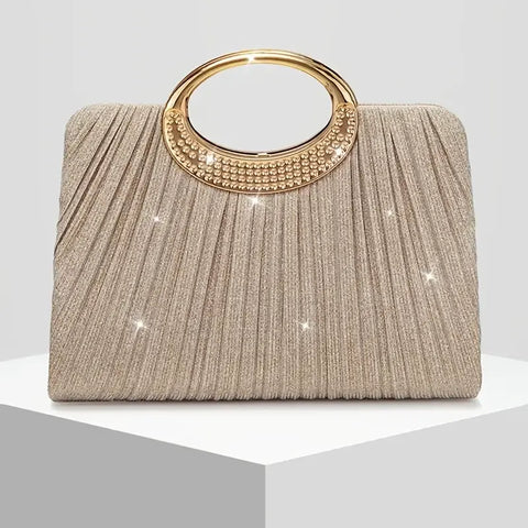 【Pleated Sparkle Evening Bag】 Metal Ring Handle, Magnetic Snap Closure, Horizontal Square Polyester Clutch, Essential Elegant Accessory for Weddings & Parties./champagne In Australia - Darrahopens