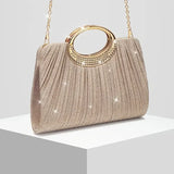 【Pleated Sparkle Evening Bag】 Metal Ring Handle, Magnetic Snap Closure, Horizontal Square Polyester Clutch, Essential Elegant Accessory for Weddings & Parties./champagne In Australia - Darrahopens