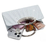 【Pleated Sparkle Evening Bag】 Metal Ring Handle, Magnetic Snap Closure, Horizontal Square Polyester Clutch, Essential Elegant Accessory for Weddings & Parties./champagne