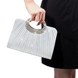 【Pleated Sparkle Evening Bag】 Metal Ring Handle, Magnetic Snap Closure, Horizontal Square Polyester Clutch, Essential Elegant Accessory for Weddings & Parties./champagne
