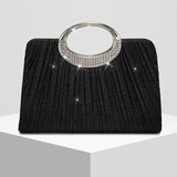 【Pleated Sparkle Evening Bag】 Metal Ring Handle, Magnetic Snap Closure, Horizontal Square Polyester Clutch, Essential Elegant Accessory for Weddings & Parties./silver