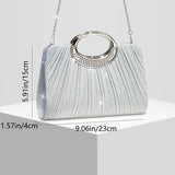 【Pleated Sparkle Evening Bag】 Metal Ring Handle, Magnetic Snap Closure, Horizontal Square Polyester Clutch, Essential Elegant Accessory for Weddings & Parties./silver