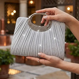 【Pleated Sparkle Evening Bag】 Metal Ring Handle, Magnetic Snap Closure, Horizontal Square Polyester Clutch, Essential Elegant Accessory for Weddings & Parties./silver