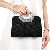 【Pleated Sparkle Evening Bag】 Metal Ring Handle, Magnetic Snap Closure, Horizontal Square Polyester Clutch, Essential Elegant Accessory for Weddings & Parties./silver