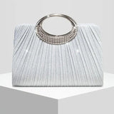 【Pleated Sparkle Evening Bag】 Metal Ring Handle, Magnetic Snap Closure, Horizontal Square Polyester Clutch, Essential Elegant Accessory for Weddings & Parties./silver