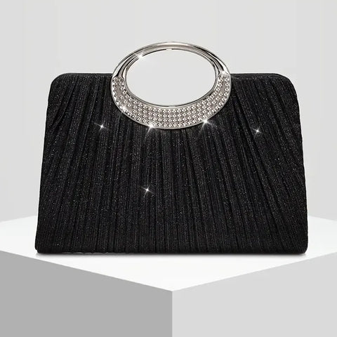 【Pleated Sparkle Evening Bag】 Metal Ring Handle, Magnetic Snap Closure, Horizontal Square Polyester Clutch, Essential Elegant Accessory for Weddings & Parties./BLACK In Australia - Darrahopens