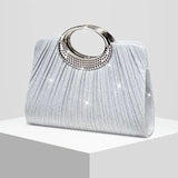 【Pleated Sparkle Evening Bag】 Metal Ring Handle, Magnetic Snap Closure, Horizontal Square Polyester Clutch, Essential Elegant Accessory for Weddings & Parties./BLACK