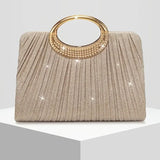 【Pleated Sparkle Evening Bag】 Metal Ring Handle, Magnetic Snap Closure, Horizontal Square Polyester Clutch, Essential Elegant Accessory for Weddings & Parties./BLACK