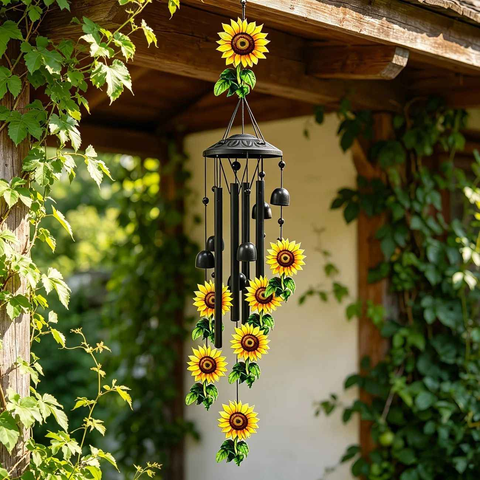 Retro black metal sunflower wind chime, 91cm long, 6 bells and 4 tubes, crisp and pleasant sound, adding pastoral poetry and dynamic beauty to courtyards and gardens. In Australia - Darrahopens