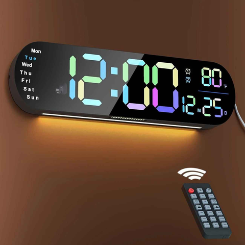 13.7" Mirror LED Digital Clock | Auto-Dim, RGB, Temp/Humidity Sensor - Smart Bedroom/Desk Clock（colorful）
