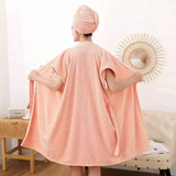 Women's Coral Fleece Pineapple Grid Two-Piece Set | Cloud-Like Touch Adjustable Bath Robe + Hair Towel, Adjustable Tie Belt, Suitable for Daily Home Use(Qingxin powder)