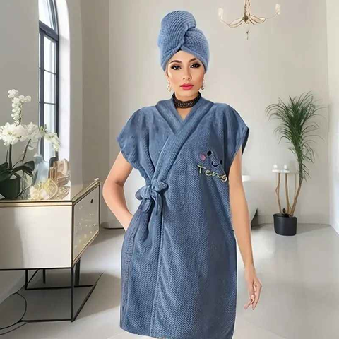 Women's Coral Fleece Pineapple Grid Two-Piece Set | Cloud-Like Touch Adjustable Bath Robe + Hair Towel, Adjustable Tie Belt, Suitable for Daily Home Use(Haze blue)