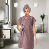 Women's Coral Fleece Pineapple Grid Two-Piece Set | Cloud-Like Touch Adjustable Bath Robe + Hair Towel, Adjustable Tie Belt, Suitable for Daily Home Use(Haze blue)