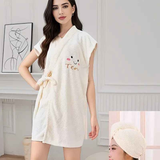 Women's Coral Fleece Pineapple Grid Two-Piece Set | Cloud-Like Touch Adjustable Bath Robe + Hair Towel, Adjustable Tie Belt, Suitable for Daily Home Use(Cream white)