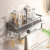 Nail-Free Suction Cup Bathroom Shelf, Twist-On Instant Installation, Dual Adsorption Gets Stronger Over Time, Space Aluminum with Drainage and Rust Proof, No-Trace Removal for Flexible Relocation./Gun ash -40cm with rod and hook