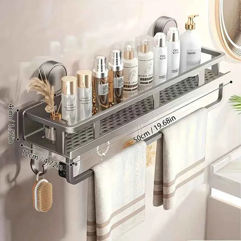 Nail-Free Suction Cup Bathroom Shelf, Twist-On Instant Installation, Dual Adsorption Gets Stronger Over Time, Space Aluminum with Drainage and Rust Proof, No-Trace Removal for Flexible Relocation./Gun ash -50cm with rod and hook In Australia - Darrahopens