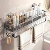 Nail-Free Suction Cup Bathroom Shelf, Twist-On Instant Installation, Dual Adsorption Gets Stronger Over Time, Space Aluminum with Drainage and Rust Proof, No-Trace Removal for Flexible Relocation./Gun ash -30cm with rod and hook