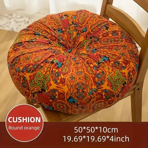 Bohemian Thick Cushion: Ethnic print with ruffled center, 100% polyester soft and resilient, suitable for both square and round shapes in all seasons, easy hand-wash care, adds an exotic flair to your home decor. (Round, Orange) In Australia - Darrahopens