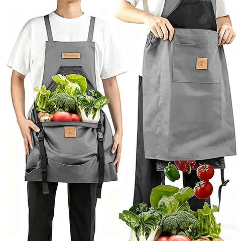 Oxford Cloth Waterproof Gardening Apron, Large Capacity Kangaroo Pocket, Cross Back Straps Comfortable, Great Helper for Picking and Weeding(grey)