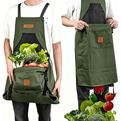 Oxford Cloth Waterproof Gardening Apron, Large Capacity Kangaroo Pocket, Cross Back Straps Comfortable, Great Helper for Picking and Weeding(pitch green)