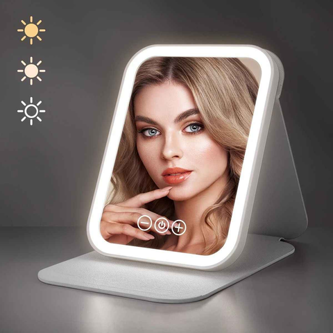 LED Makeup Mirror with Lights, 3 Color Modes Touch Control, Rechargeable Travel Vanity Mirror(WHITE)